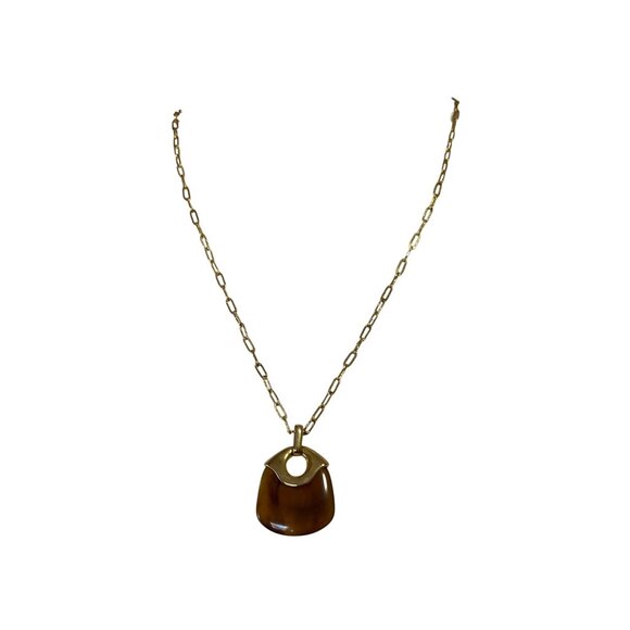 Liz Claiborne Gold Chain Necklace With Amber Tortoise Shell Pendant Toggle Clasp - Picture 1 of 8